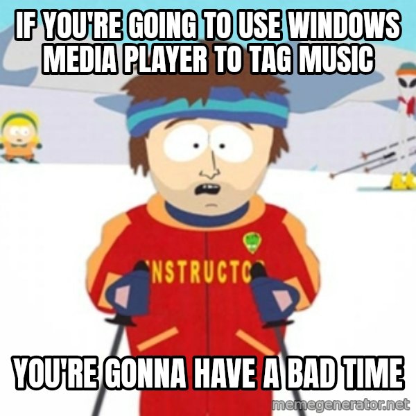 Bad time ski instructor 1 meme: if you're going to use windows media player to tag music / you're gonna have a bad time