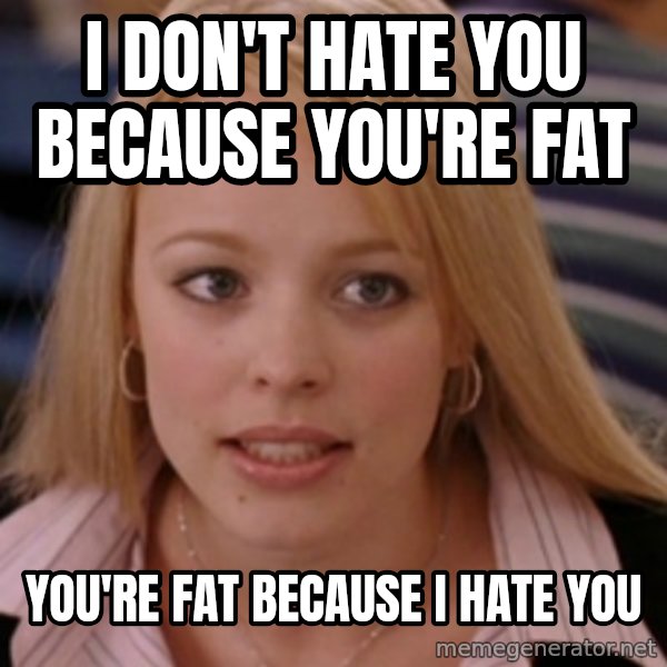 mean girls meme: I DON'T HATE YOU BECAUSE YOU'RE FAT / YOU'RE FAT BECAUSE I HATE YOU
