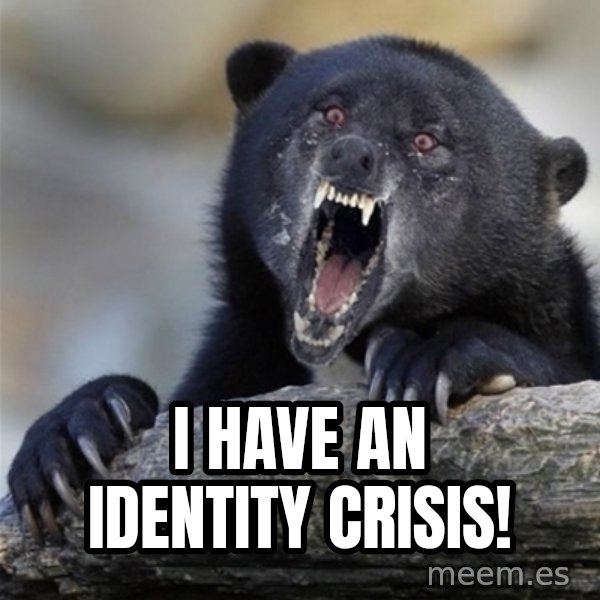 Insane Confession Bear meme: I have an identity crisis!