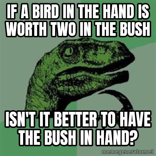 Philosoraptor meme: if a bird in the hand is worth two in the bush / isn't it better to have the bush in hand?