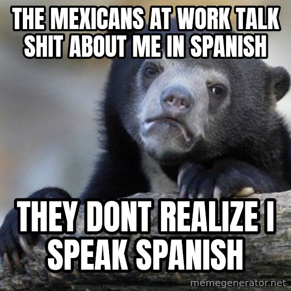 Confession Bear meme: The mexicans at work talk shit about me in spanish / They dont realize i speak spanish