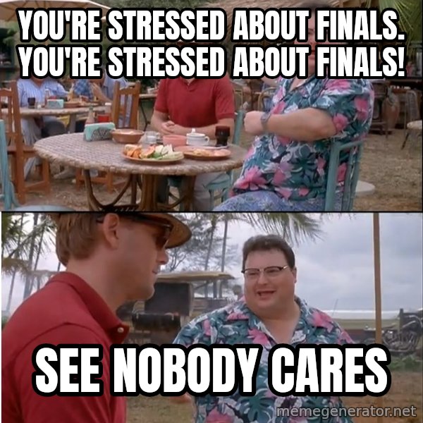 See? Nobody Cares meme: You're stressed about finals. You're stressed about finals! / see nobody cares