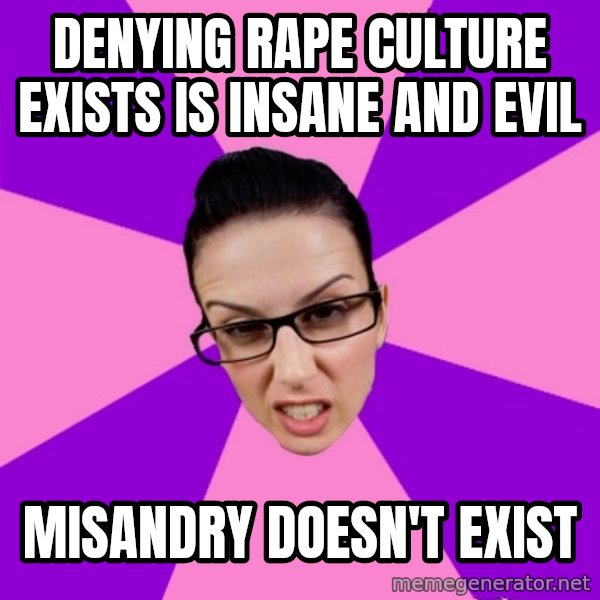 Privilege Denying Feminist meme: denying rape culture exists is insane and evil / misandry doesn't exist