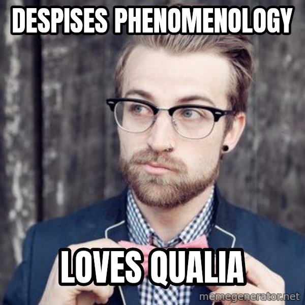 Scumbag Analytic Philosopher meme: despises phenomenology / loves qualia
