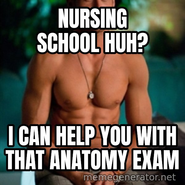 Shirtless Ryan Gosling meme: Nursing school huh? / i can help you with that anatomy exam