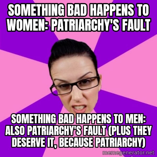 Privilege Denying Feminist meme: something bad happens to women: patriarchy's fault / something bad happens to men: also patriarchy's fault (plus they deserve it, because patriarchy)