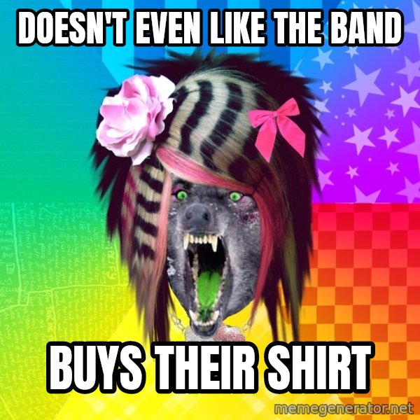 Insanity Scene Wolf meme: Doesn't even like the band / buys their shirt