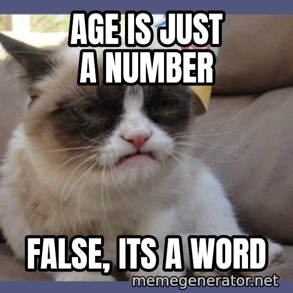 Birthday Grumpy Cat meme: age is just a number / false, its a word