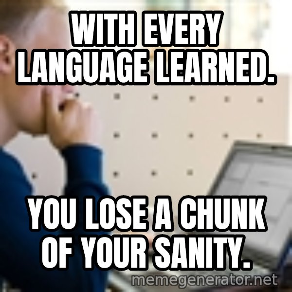 Computer Programmer meme: with every language learned. / you lose a chunk of your sanity.