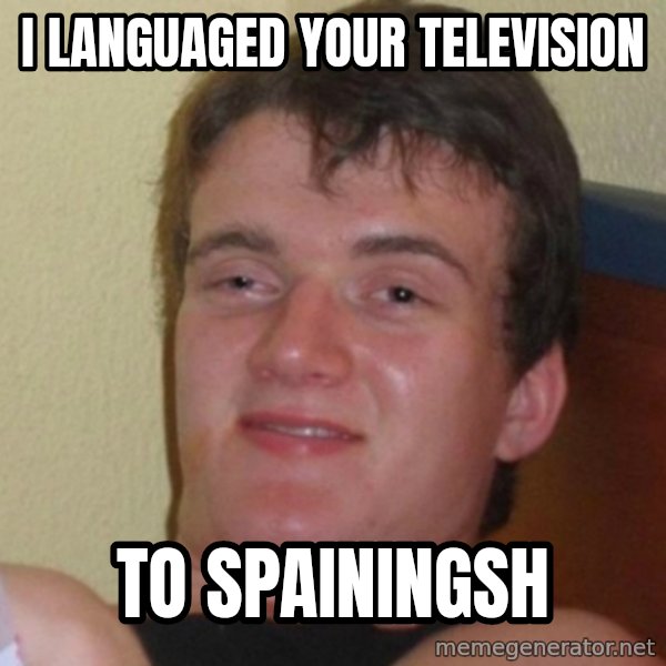 Really Stoned Guy meme: I LANGUAGED YOUR TELEVISION / TO SPAININGSH