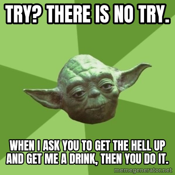 Advice Yoda Gives meme: try? there is no try. / when i ask you to get the hell up and get me a drink, then you do it.