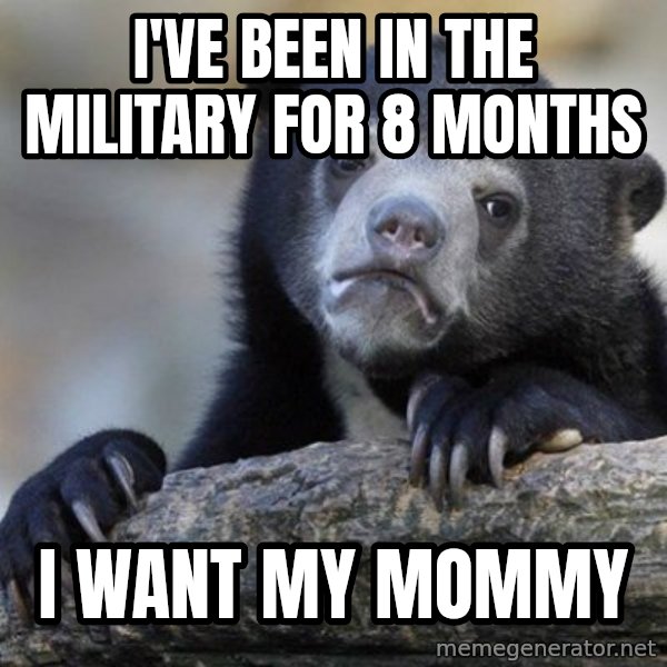 Confession Bear meme: I'VE BEEN IN THE MILITARY FOR 8 MONTHS / I want mY MOMMY