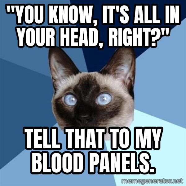 Chronic Illness Cat meme: "you know, it's all in your head, right?" / tell that to my blood panels.