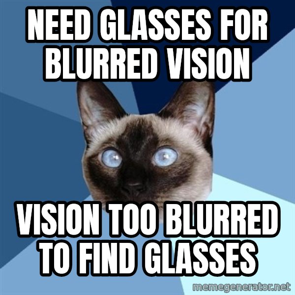 Chronic Illness Cat meme: Need glasses for Blurred vision / vision too blurred to find glasses