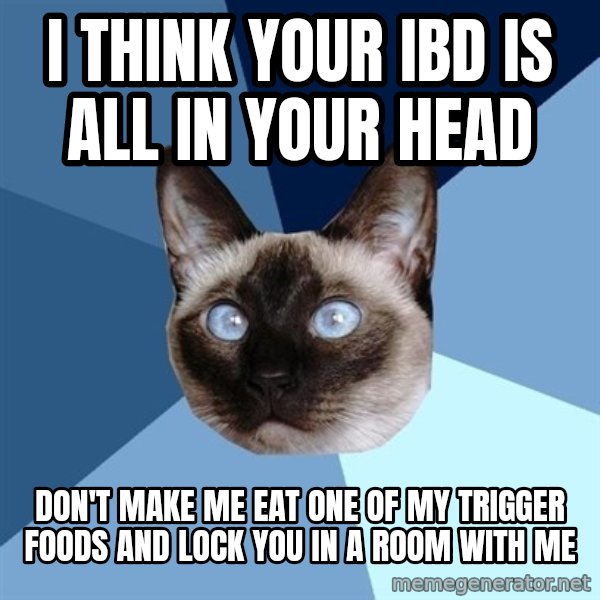 Chronic Illness Cat meme: I think your ibd is all in your head / don't make me eat one of my trigger foods and lock you in a room with me