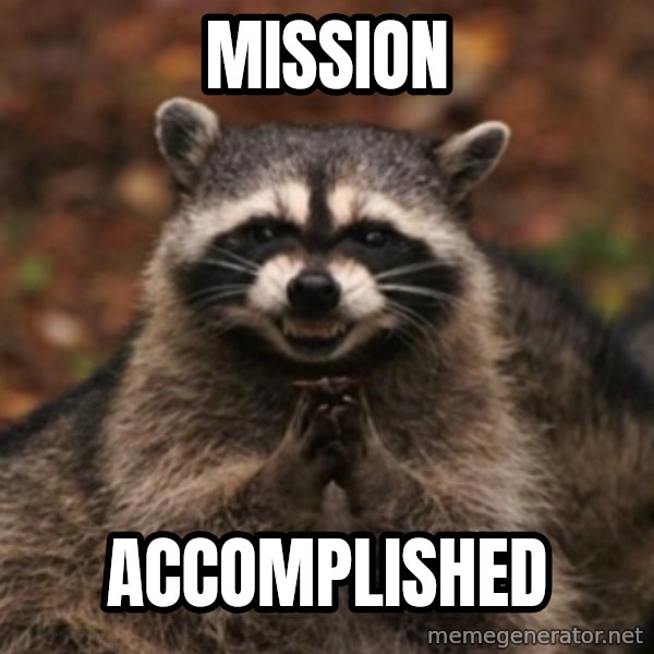evil raccoon meme: mission / accomplished