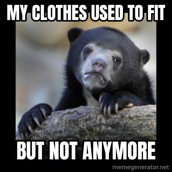 sad bear meme: my clothes used to fit / but not anymore