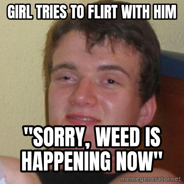 Really Stoned Guy meme: girl tries to flirt with him / "SORRY, WEED IS HAPPENING NOW"