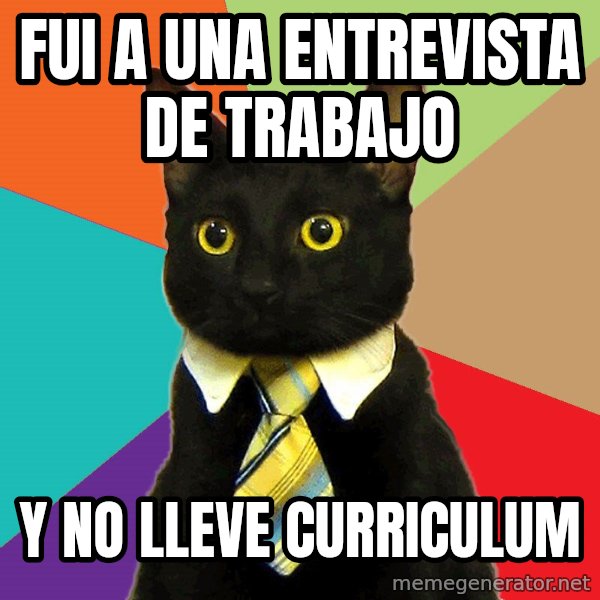 Business Cat meme: fui a una entrevista de trabajo / y no lleve curriculum
