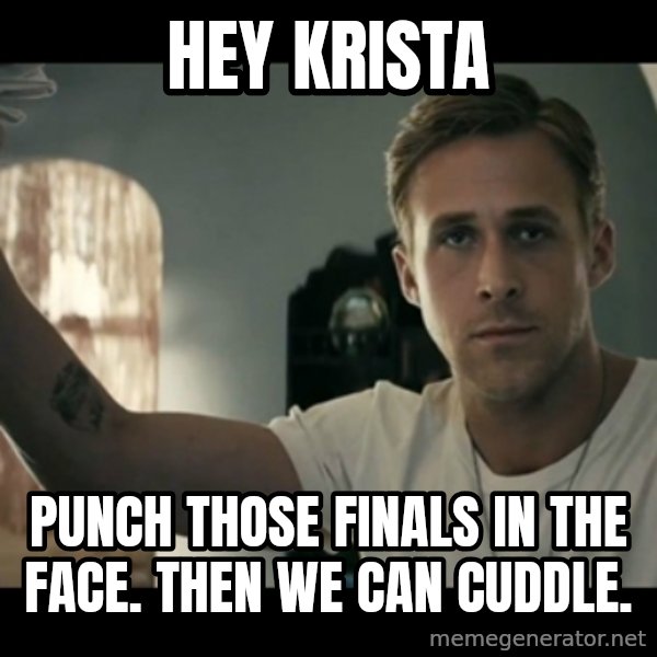 ryan gosling hey girl meme: HEY KRISTA / PUNCH THOSE FINALS IN THE FACE. THEN WE CAN CUDDLE.