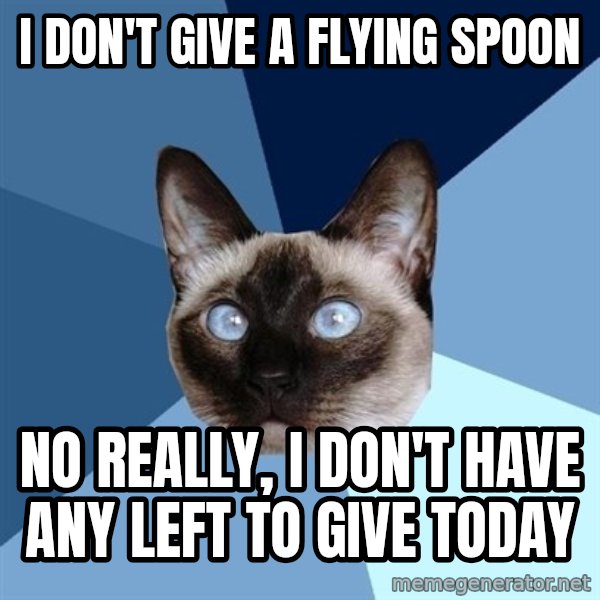 Chronic Illness Cat meme: I don't give a flying spoon / No really, I don't have any left To give today