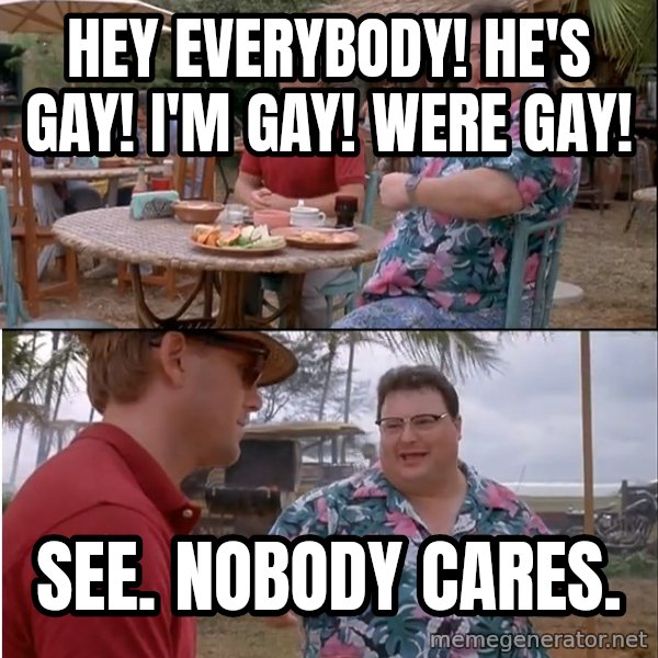 See? Nobody Cares meme: hey everybody! He's gay! I'm Gay! Were gay! / See. nobody cares.