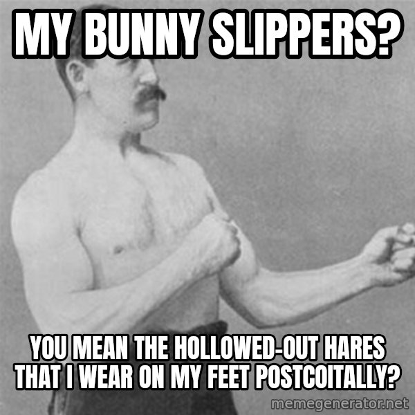 overly manlyman meme: my bunny slipperS? / You mean the hollowed-out hares that I wear on my feet postcoitally?