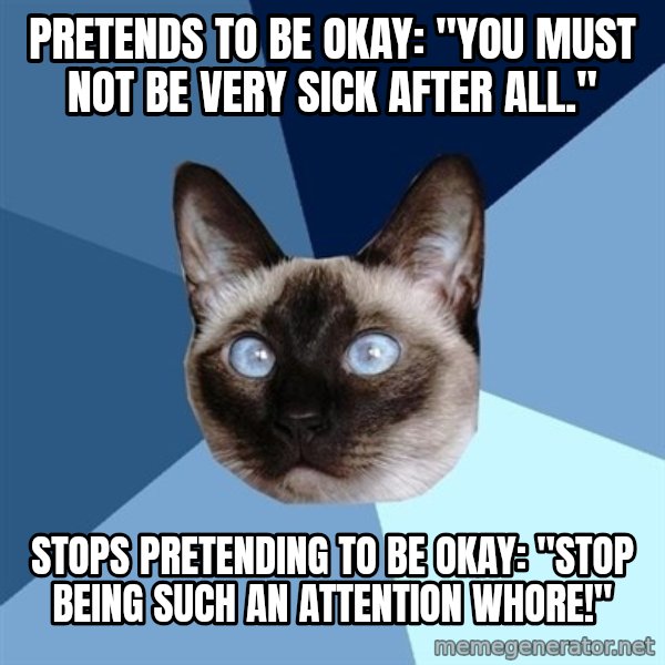 Chronic Illness Cat meme: Pretends to be okay: "you must not be very sick after all." / Stops pretending to be okay: "stop being such an attention whore!"