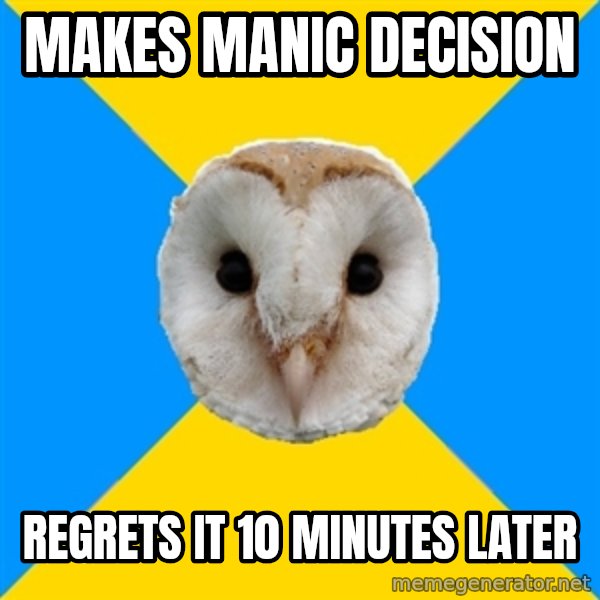 Bipolar Owl meme: MaKES MANIC DECISION / regrets it 10 minutes later