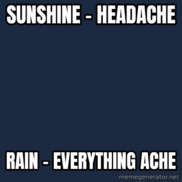 Chronic Illness Cat meme: sunshine - headache / rain - everything ache