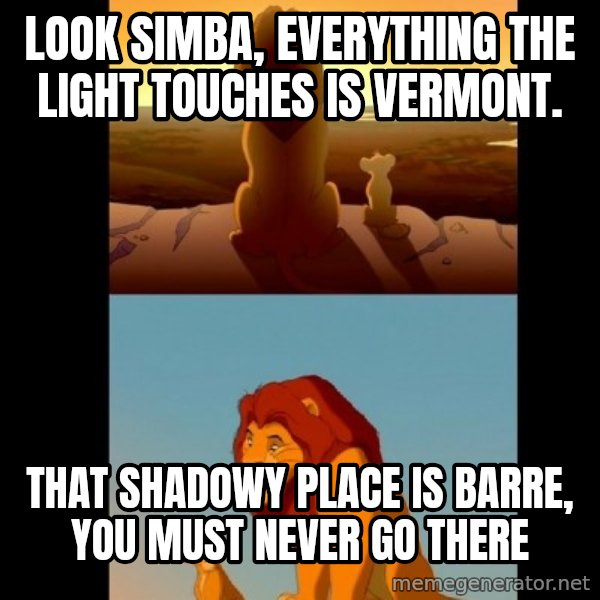 Lion King Shadowy Place meme: Look SImba, everything the light touches is Vermont. / That shadowy place is Barre, you must never go there