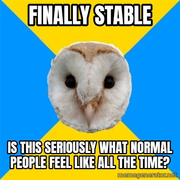 Bipolar Owl meme: finally stable / is this seriously what normal people feel like all the time?