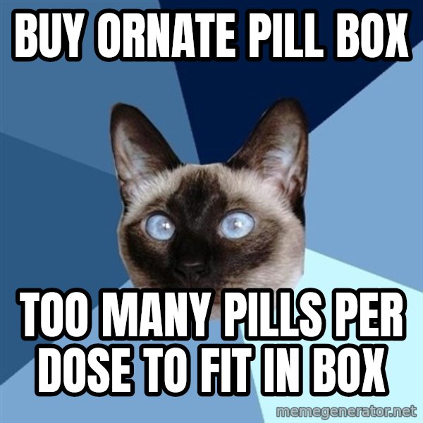 Chronic Illness Cat meme: Buy ornate pill box / Too many pills per dose to fit in box