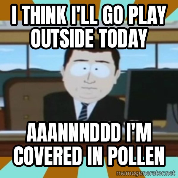And it's gone meme: I think I'll go play outside today / aaannnddd i'm covered in pollen