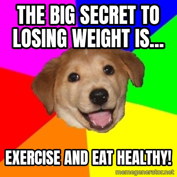 Advice Dog meme: the big secret to losing weight is... / exercise and eat healthy!