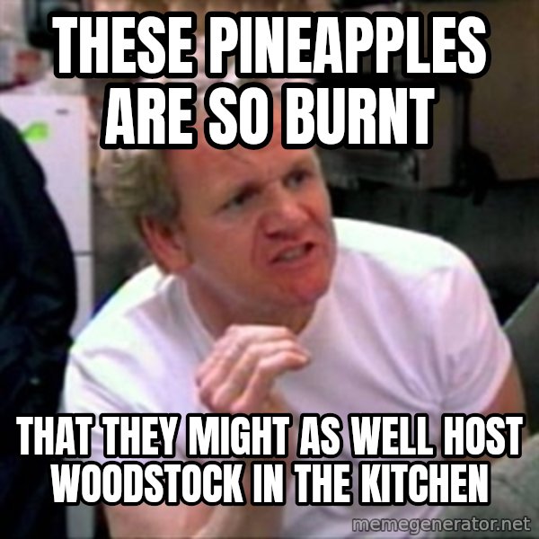Gordon Ramsay meme: These pineapples are so burnt / that They might as well host woodstock  IN THE KITCHEN