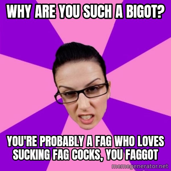 Privilege Denying Feminist meme: why are you such a bigot? / you're probably a fag who loves sucking fag cocks, you faggot