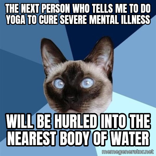 Chronic Illness Cat meme: the next person who tells me to do yoga to cure severe mental illness / will be hurled into the nearest body of water