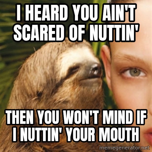 The Rape Sloth meme: i heard you ain't scared of nuttin' / then you won't mind if i  nuttin' your mouth