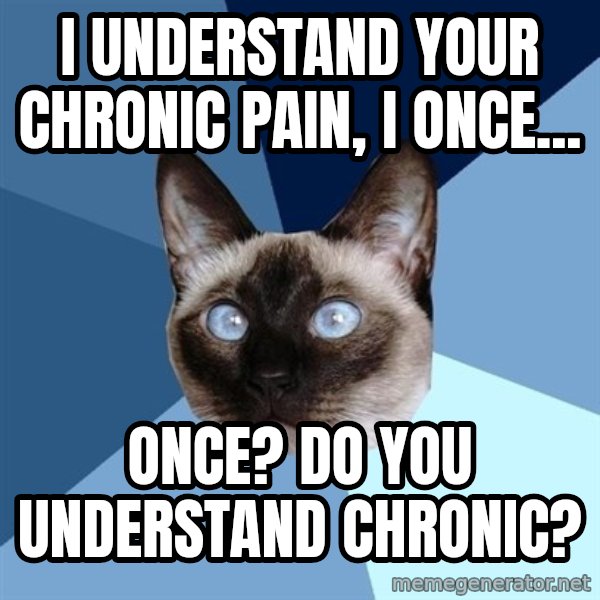 Chronic Illness Cat meme: I understand your chronic pain, I once... / Once? do you understand chronic?