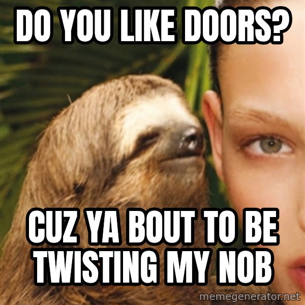 The Rape Sloth meme: Do you like doOrs? / Cuz ya bout to be tWistinG my nob
