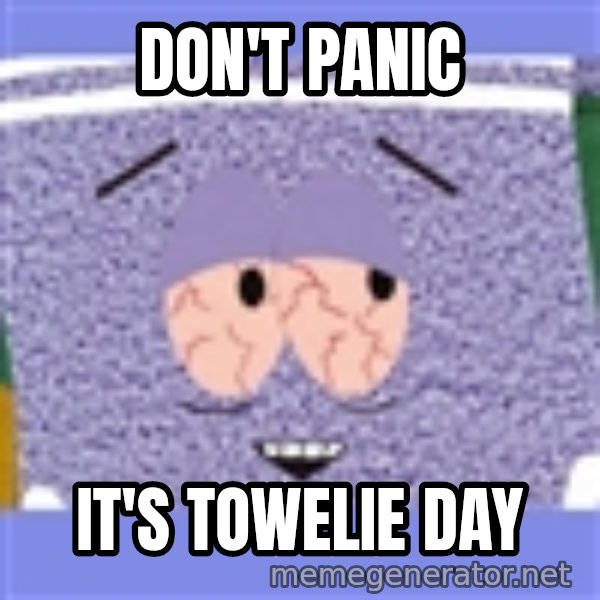 Towelie meme: Don't panic / it's TOWELIE DAY