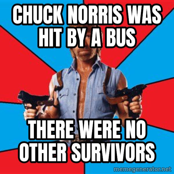 Chuck Norris  meme: chuck norris was hit by a bus / there were no other survivors