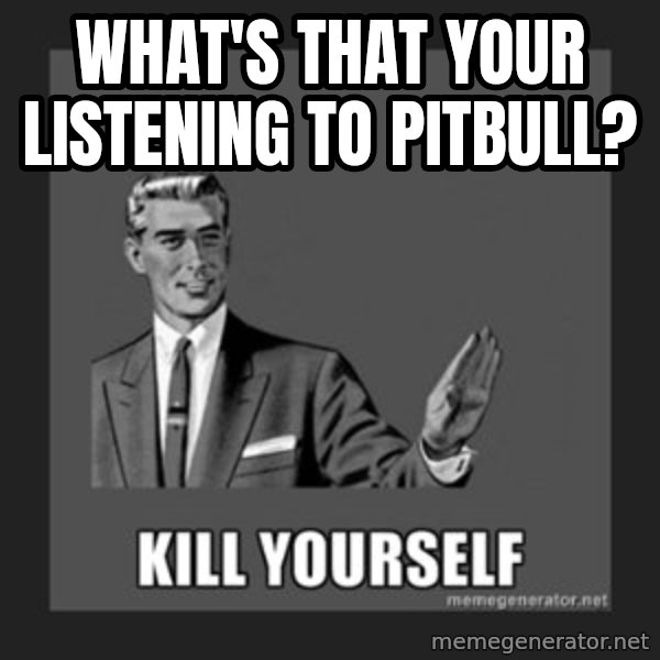 kill yourself guy meme: WHAT'S THAT YOUR LISTENING TO PITBULL?