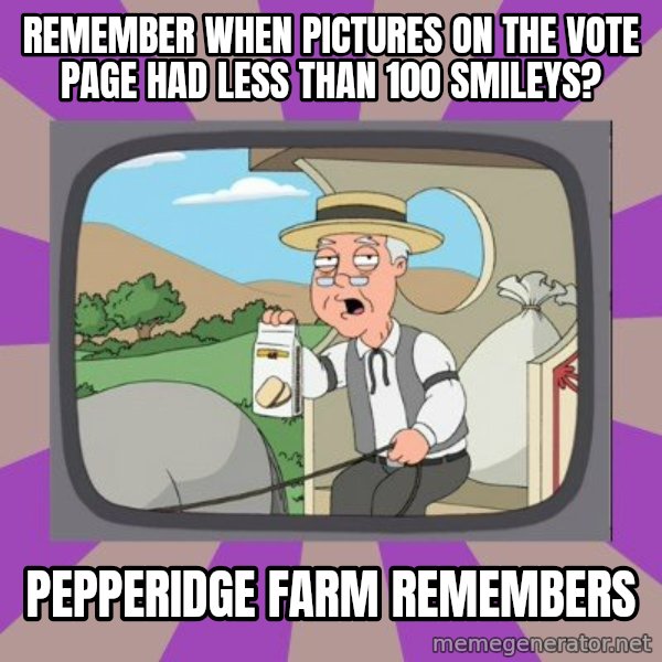 Pepperidge Farm Remembers FG meme: remember when pictures on the vote page had Less than 100 smileys? / Pepperidge Farm Remembers