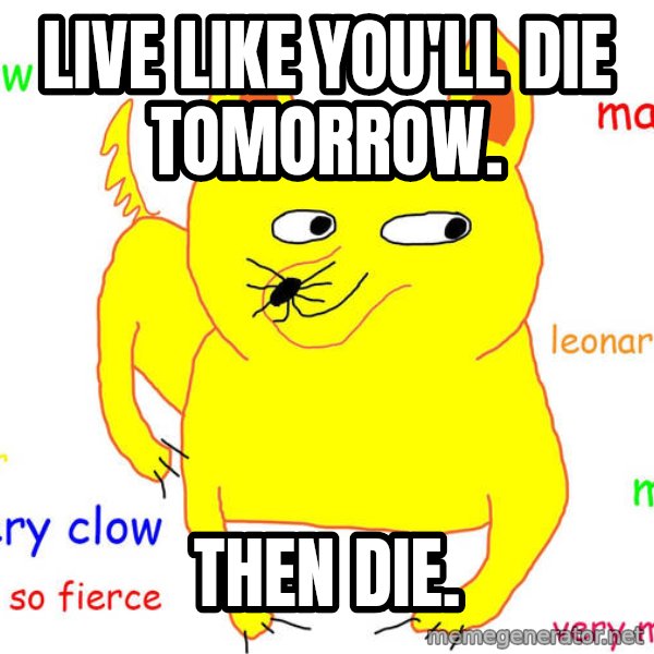 Grumpy Cat  meme: LIVE LIKE YOU'LL DIE TOMORROW. / THEN DIE.
