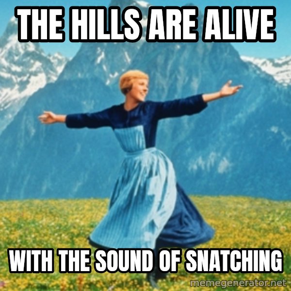Sound Of Music Lady meme: The hills are alive / with the sound of snatching