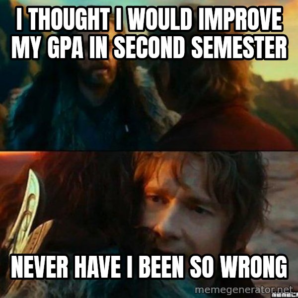 Never Have I Been So Wrong meme: i thought i would improve my gpa in second semester / never have i been so wrong