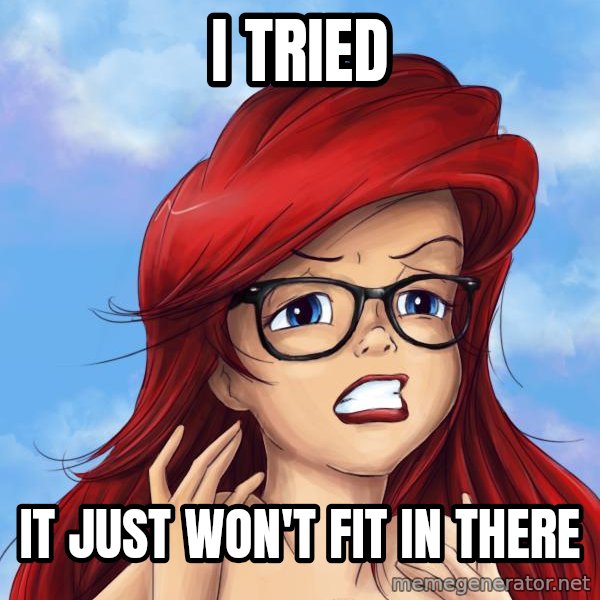 Hipster Ariel meme: i tried / it just won't fit in there