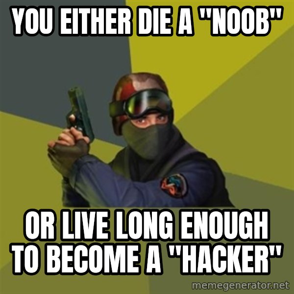 Counter Strike meme: You either die a "noob" / or live long enough to become a "hacker"